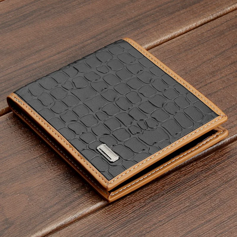 

Men's short wallet PU leather retro solid color edging credit card wallet men's crocodile pattern two-fold document coin purse