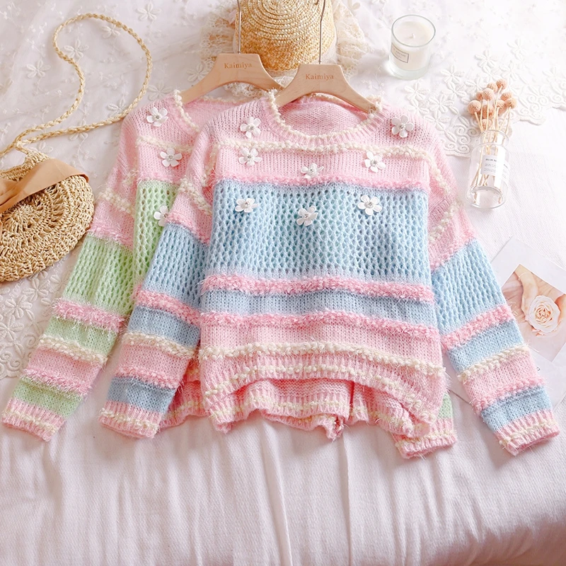 Осенний японский сладкий Junior's короткий свитер милый 3D Цветочный пэчворк