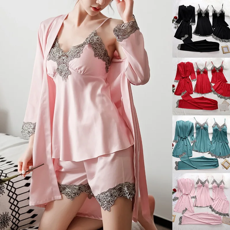 

Womens Lace Satin Pajamas Gown Set V-Neck Cami Nighties Pijama Home Nightwear 5PC Set Ladies Silk Robe Sleepwear Suit
