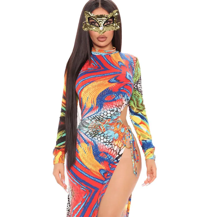 

Women Print Side Split Midi Dress Female Long Sleeve Bandage Clothes Casual Lady Vestido Women Vintage Party Dresses