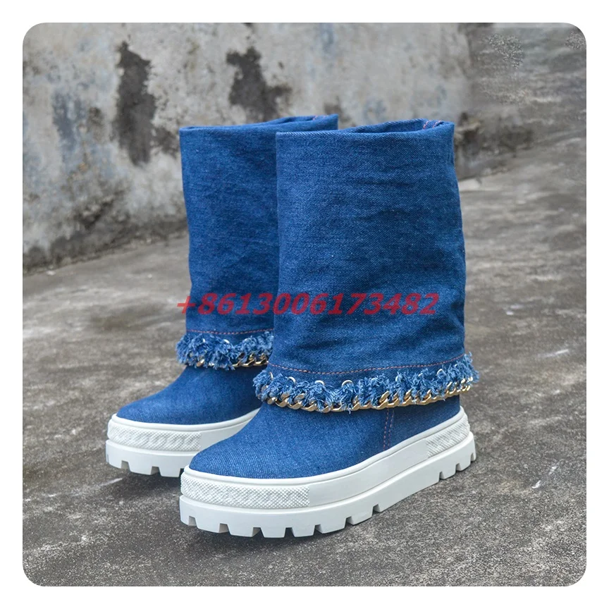 Женские джинсовые ботильоны на платформе синие ботинки средней длины толстой