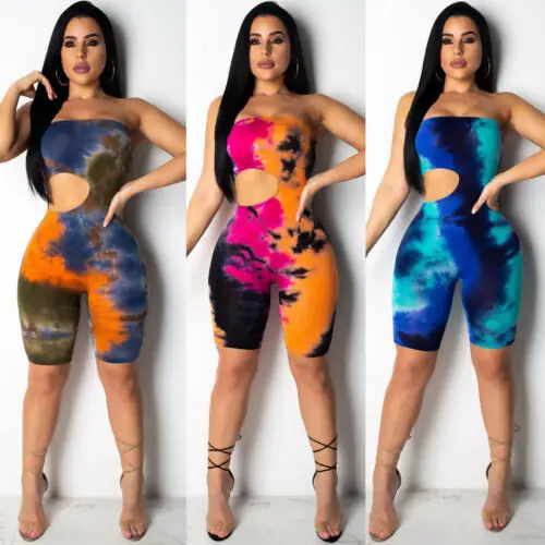 2020 Women Jumpsuit Tie Dyeing Bodycon Strapless Casual Club Party Romper Overalls Femme Summer Fashion Tracksuit Sexy Clothes | Женская