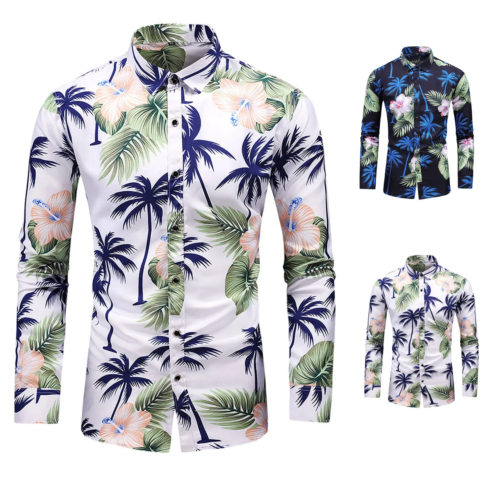 

Мужская рубашка с цветочным принтом, длинным рукавом и отложным воротником, размеры до 3xl