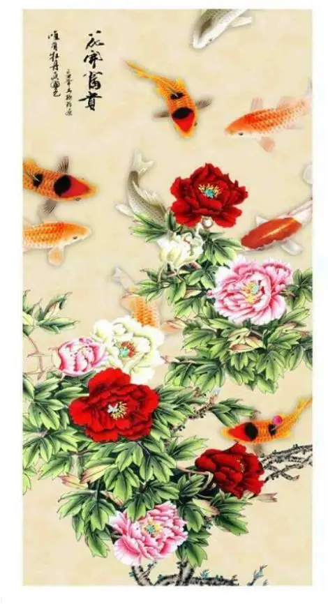 

1pc China Quality Traditional Home Decoration Silk Scroll Painting Gongbi Peony Flowers Fish Portraits