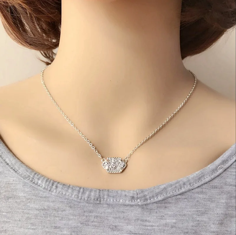 S silvery 20 опций Druzy Кулон из друзы ожерелье Шестигранная Смола Druse Серебро Золото Цвет цепи воротник модный бренд ювелирные изделия для женщин девушка подарок - Окраска металла: S silvery