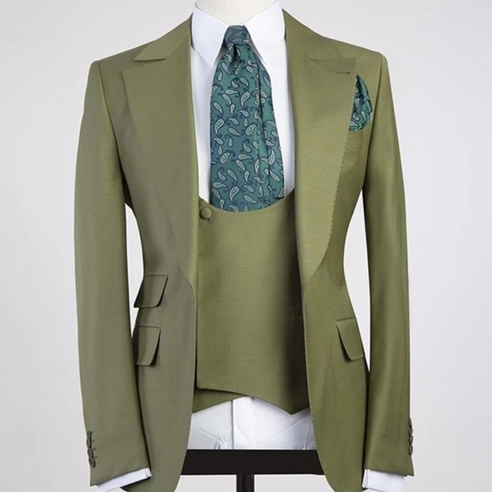 

2022 Hot Selling Peak Lapel Men's Oliver Green Made High Quality Handsome Casual Wear Blazer 3 Pieces Skinny（Jacket+Vest+Pants)
