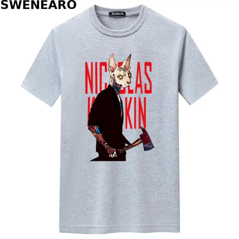 

SWENEARO 2021 summer new axe cat print T-shirt men's casual O-neck short-sleeved brand T-shirt men's breathable T-shirt men