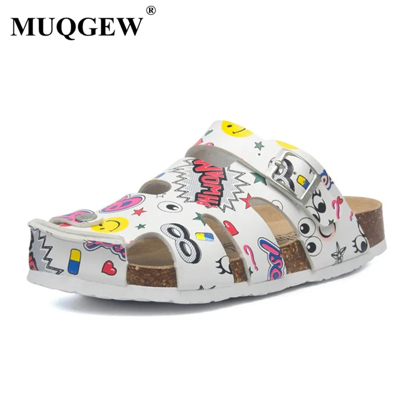 Тапки женские кожаные с принтом повседневные пляжные шлепанцы из пробки на