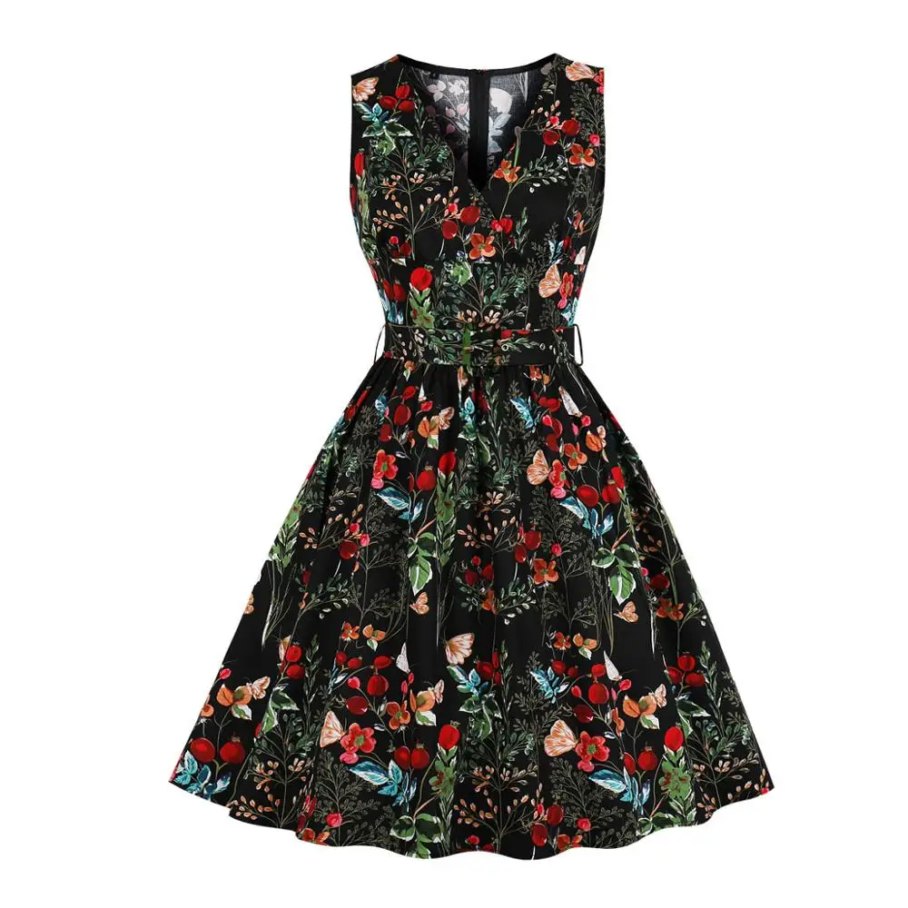 Черное винтажное платье с цветочным принтом женское сексуальное v-образным