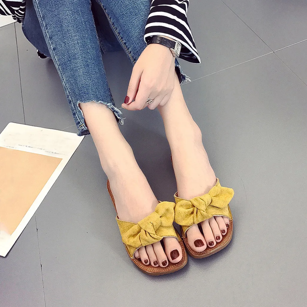 

Linen Fresh Slippers Ladies Summer Bohemia Bowknot Slippers Female Slip On Beach Shoes Women Flax Non-slip Casual Slipper