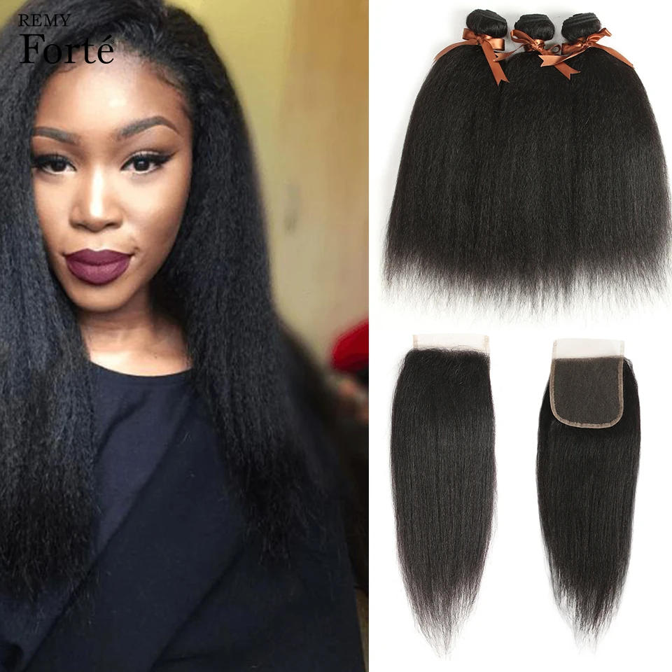 Remy Forte Yaki Straight Bundles With Closure 30 Inch Human Hair 3/4 Bundles With Closure Remy Brazilian Hair Weave Bundles