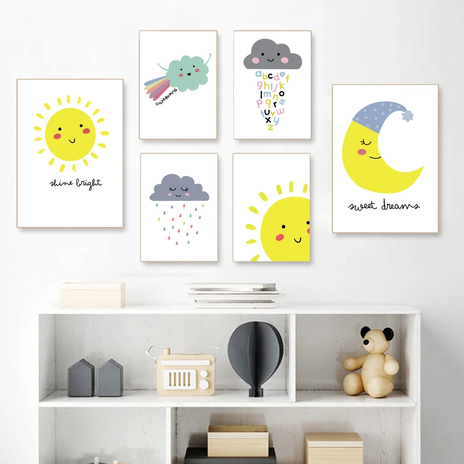 

Cartoon Wall Art Canvas Painting Cute Sun Cloud Moon Sweet Dream Nursery Nordic Posters And Prints Wall Pictures Kids Room Decor