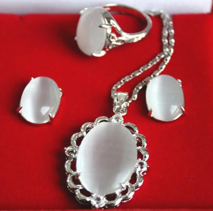 Fashion jewelry Free Shipping wholesale elegant silver plated Inlay white opal pendant necklace earring &amp ring set | Украшения и