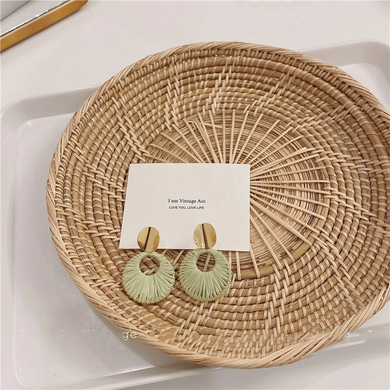 

Minar 2021 Summer Colorful Rattan Knit Drop Earring for Women Beach Hollow Round Geometric Earring Holiday Jewelry Wholesale