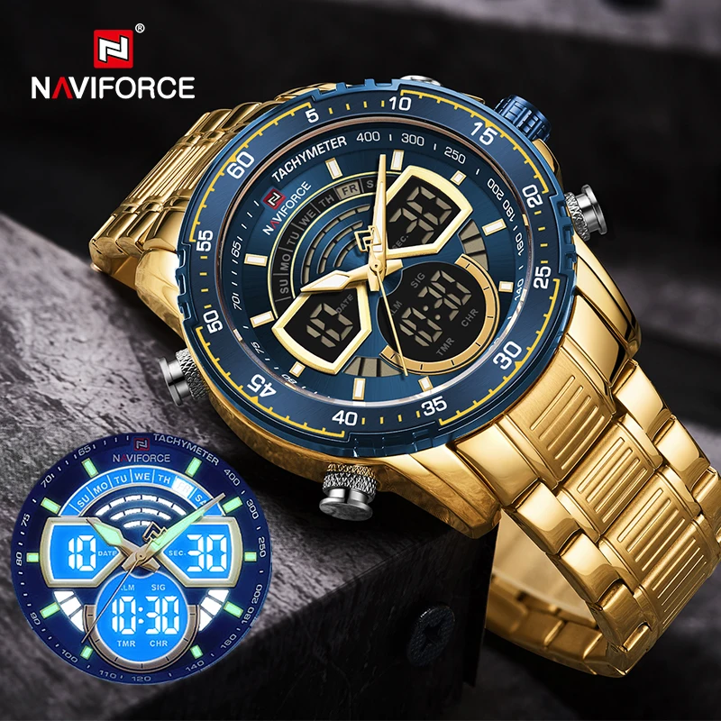  NAVIFORCE Mens Military Sports Waterproof Watches Luxury Analog Quartz Digital Wrist Watch for Men Bright Backlight Gold Watches 