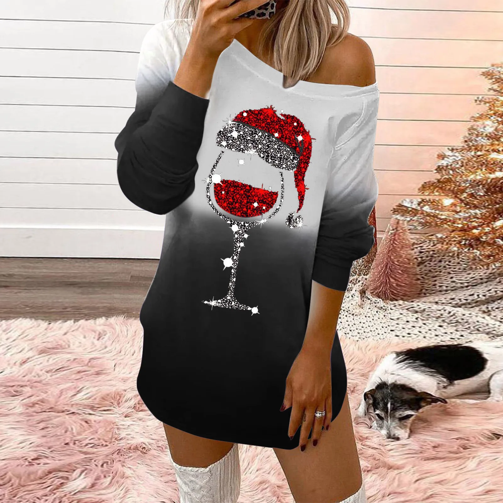 

Sequins Wine Glasses Christmas Dress Womens Fashion O-neck Off-shoulder Long Sleeves Sweatshirts Dresses Robe Femme
