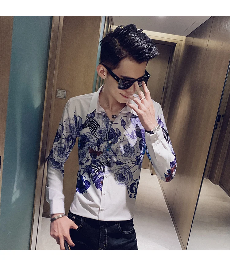 Camisa Masculina цифровой принт мужские рубашки с длинным рукавом Осень мужские рубашки с цветочным узором повседневные приталенные рубашки для ночного клуба homme 3XL