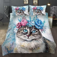 watercolor painting cute cat bedding set flower single double duvet cover set queen king twin full size bed clothes for kid home