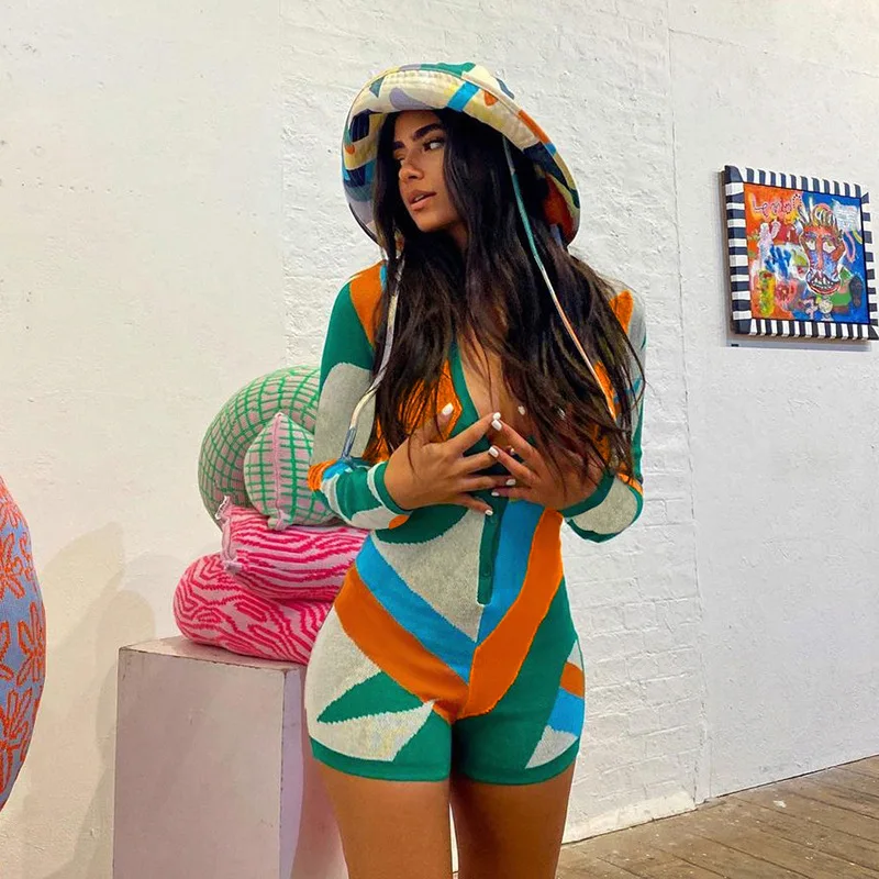 

y2k Geometric Panelled Knitted Overalls Shorts Women Breasted V-Neck Long Sleeve Jumpsuits Vintage Knit Bodysuits New Iamhohtty