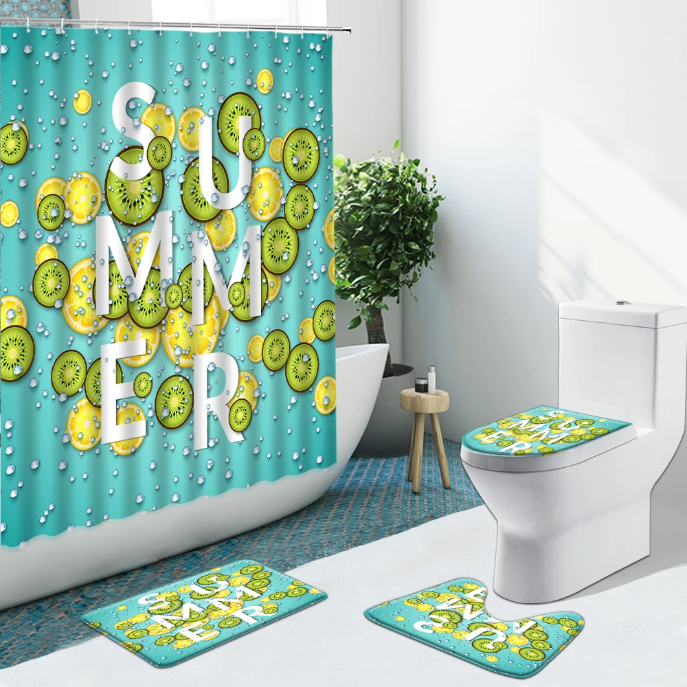 

Summer Fruit Lemon Raindrops Bathroom Set Shower Curtain Non-Slip Rugs Flannel Toilet Carpet Cover Stripes With Hooks Bath Mat