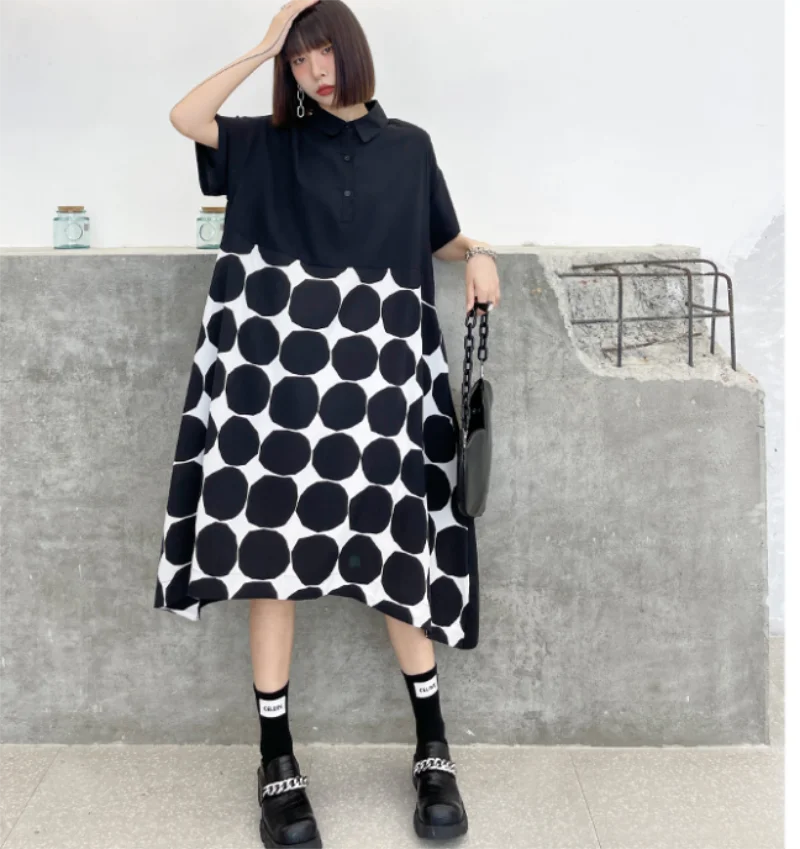 

New lapel of lady of dress of summer of short sleeve of euramerican street spells wave dot design loose show thin medium skirt