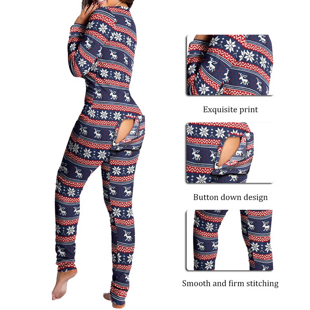 

New Sexy Women Christmas Cutout Functional Buttoned Flap Adults Pajamas Club Button Design Plunge Lounge Jumpsuit Long Nighties