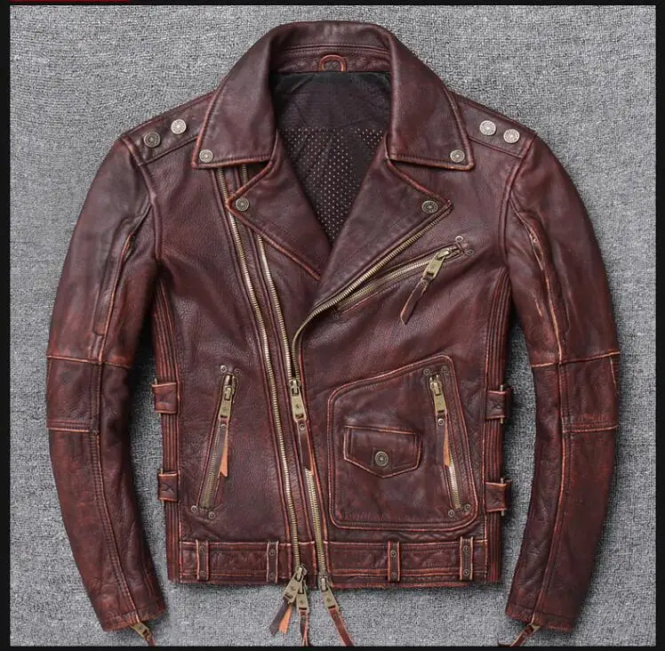 Vintage Brown Винтажный коричневый американский стиль Мужская мотоциклетная кожаная куртка плюс размер 4XL Натуральная воловья тонкая байкерская куртка - Цвет: Vintage Brown
