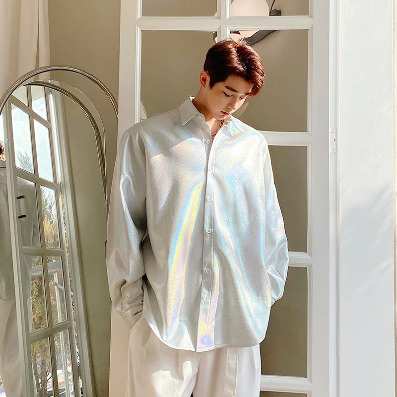 Голографическая рубашка радужного цвета блестящая с длинным рукавом мужская
