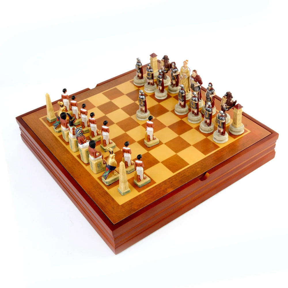 

Egyptian Pharaoh Pyramid War Figures Resin Chess Theme Board Game Toy Table Luxury Collection Gift with Wooden Chess Board