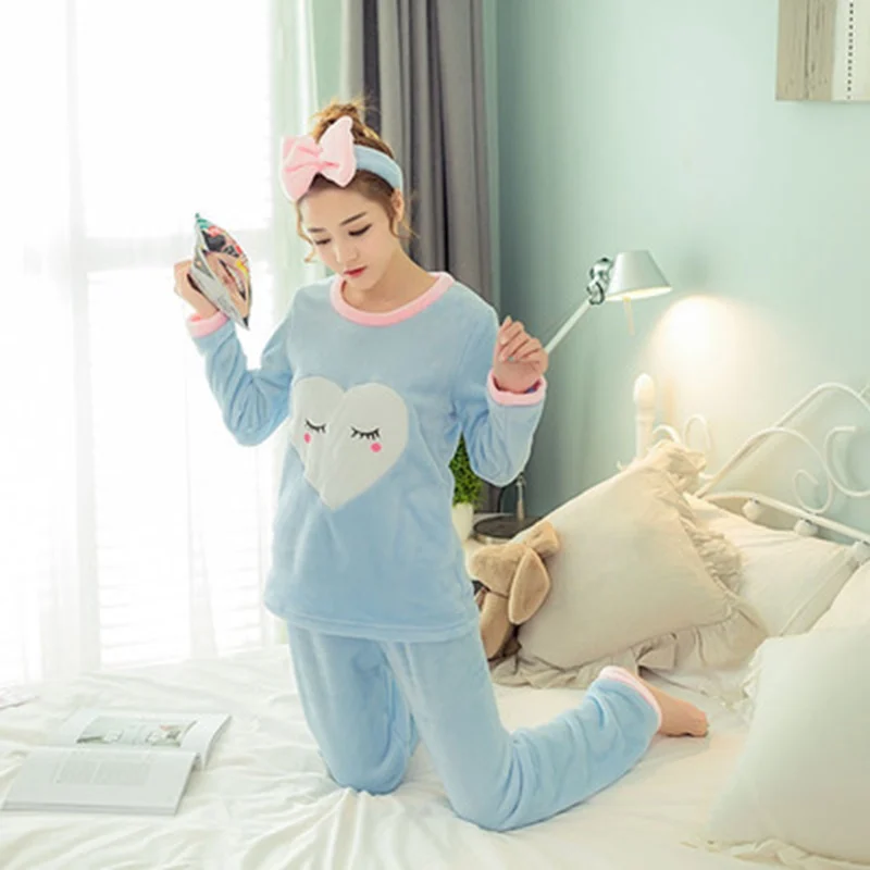 blueSF2127 Пижамный комплект из 2 предметов, пижама, домашний костюм для женщин, теплая пижама с длинным рукавом и изображением кота, зимний бархатный пижамный комплект с принтом животных - Цвет: blueSF2127