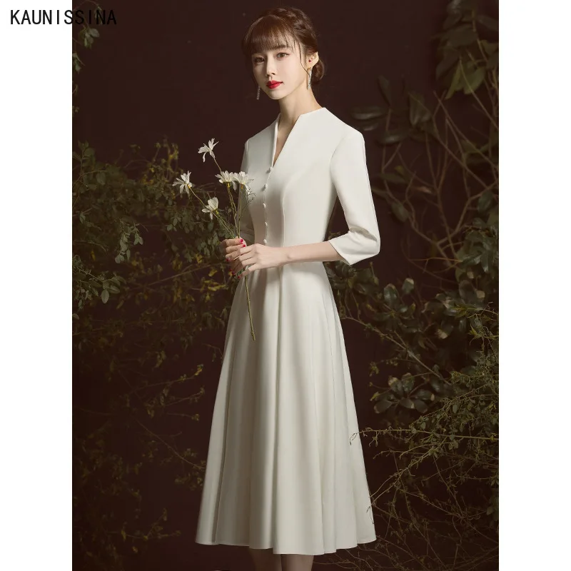 

KAUNISSINA Simple Cocktail White Dress Women Three Quarter Sleeve Elegant Party Gowns Tea-Length Homecoming Dresses Vestidos