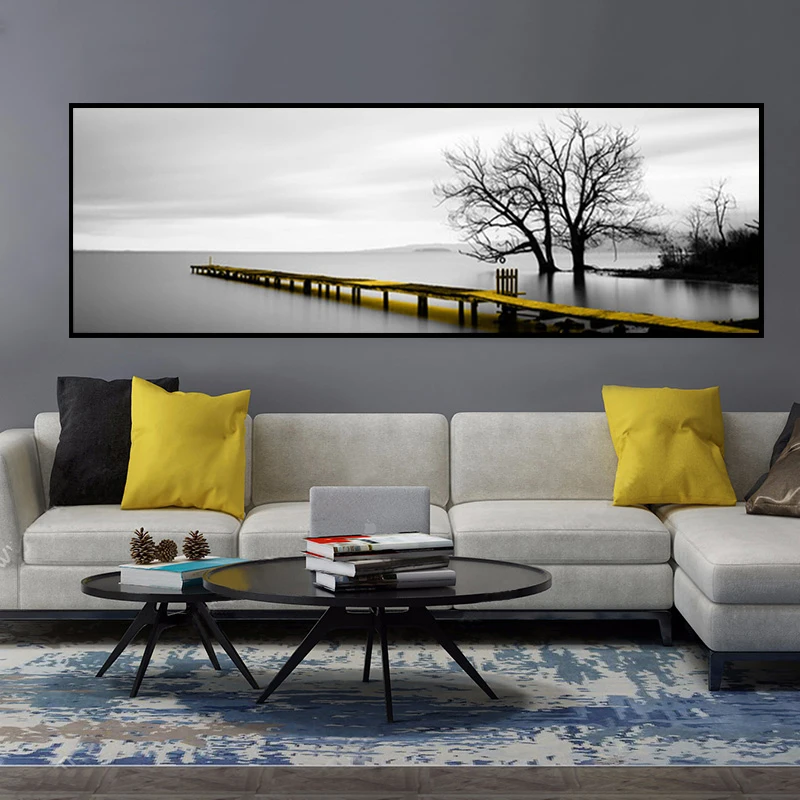 

Calm Lake Surface Yellow Long Bridge Scene Canvas Paintings Landscape Poster and Prints Wall Art Pictures Living Room Home Decor