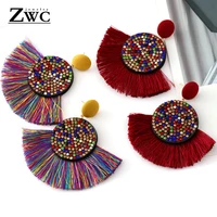 zwc 2020 fashion bohemian statement long fringe drop earring handmade for women geometric big rhinestone tassel earrings jewelry