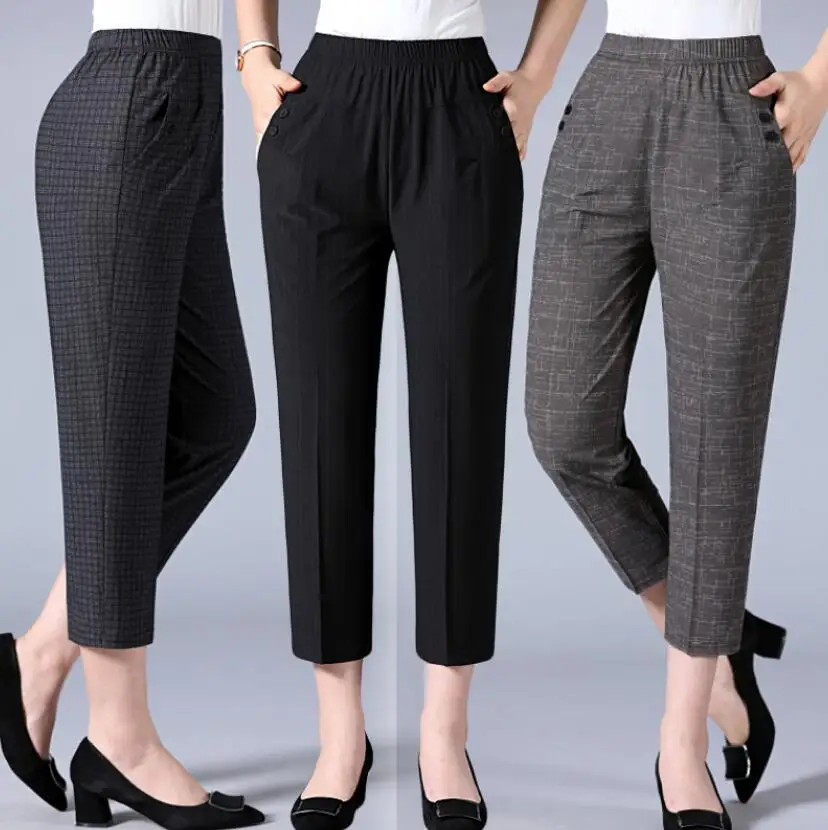 

Plus size mother's straight pants Summer Casual elastic waist Calf-Length pants women Classical plaid loose breathable s892