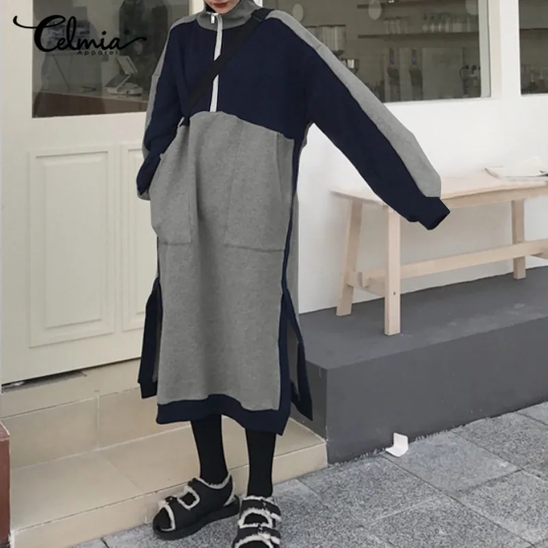 

2021 Winter Turtleneck Sweatshirt Dress Celmia Women Fashion Color Block Pockets Zipper Midi Dress Casual Long Sleeve Vestidos
