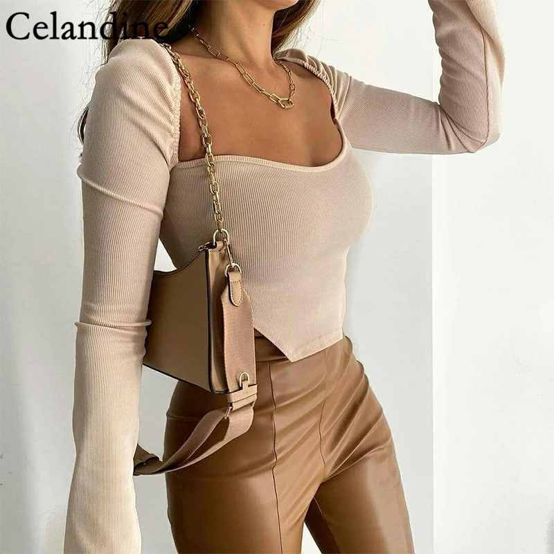 

Celandine Spring Autumn Black Long Sleeve Knitted Crop Tops Women Square Collar Tops Ladies Irregular Casual Tees Female 2020