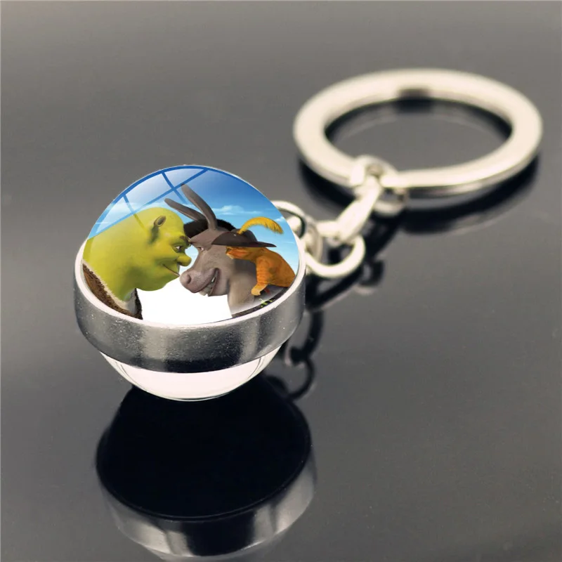 Hot Selling Shrek Cute Keychain Double Sided Glass Ball Pendant Keychains for Car Keys Metal Key Ring Charms Accessories Gift