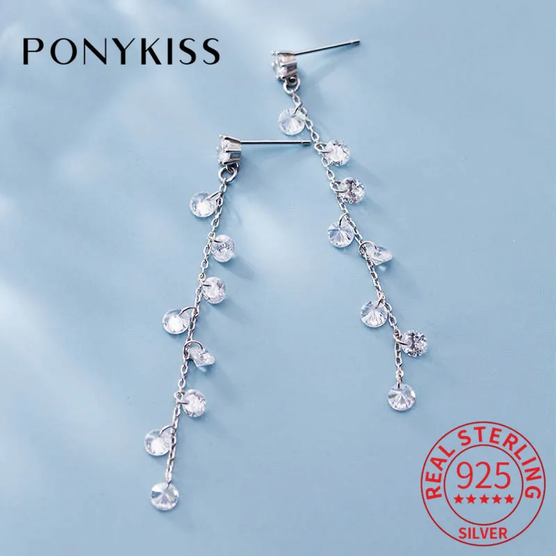 PONYKISS S925 Стерлинговое Серебро Циркон длинная ниспадающая кисточка висячие серьги