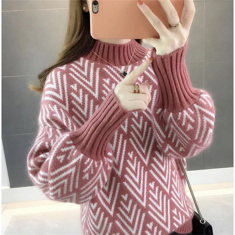 Свитер женский жаккардовый с коротким воротником и рукавами-фонариками | Женская