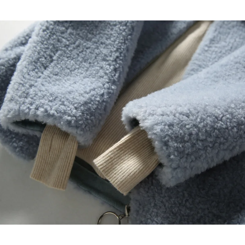 Women Lambswool Coats Winter Warm Slim Wool Coat Light Blue Turn-Down Collar Real Fur Overcoats Short Fashion Female Jackets