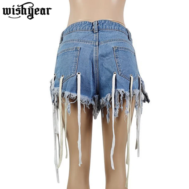 

Grommet White Tassels Patchwork Summer Denim Shorts Woman Mid Waist Zipper Fly Bodycon Jeans Casual Beachwear Party Club Bottoms