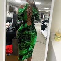 2021 new multicolor night party club evening wear sexy long sleeve dress women hollow out bodycon bandage leopard print dresses