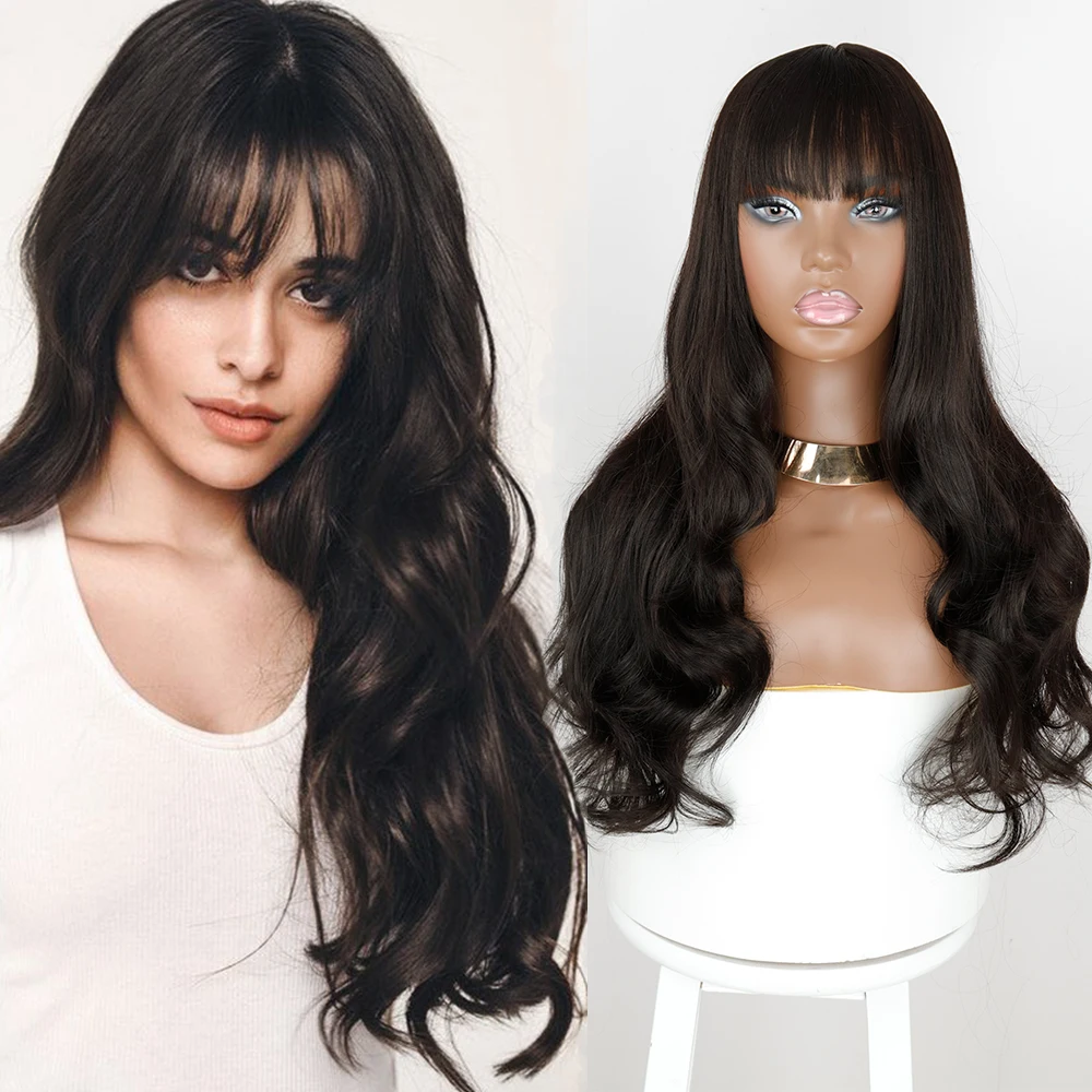 

AZqueen Long Synthetic Wig Wavy Hair Wigs with Bangs For Women Heat Resistant Fibre Black Brown Synthetic Hair Wig Cosplay Party