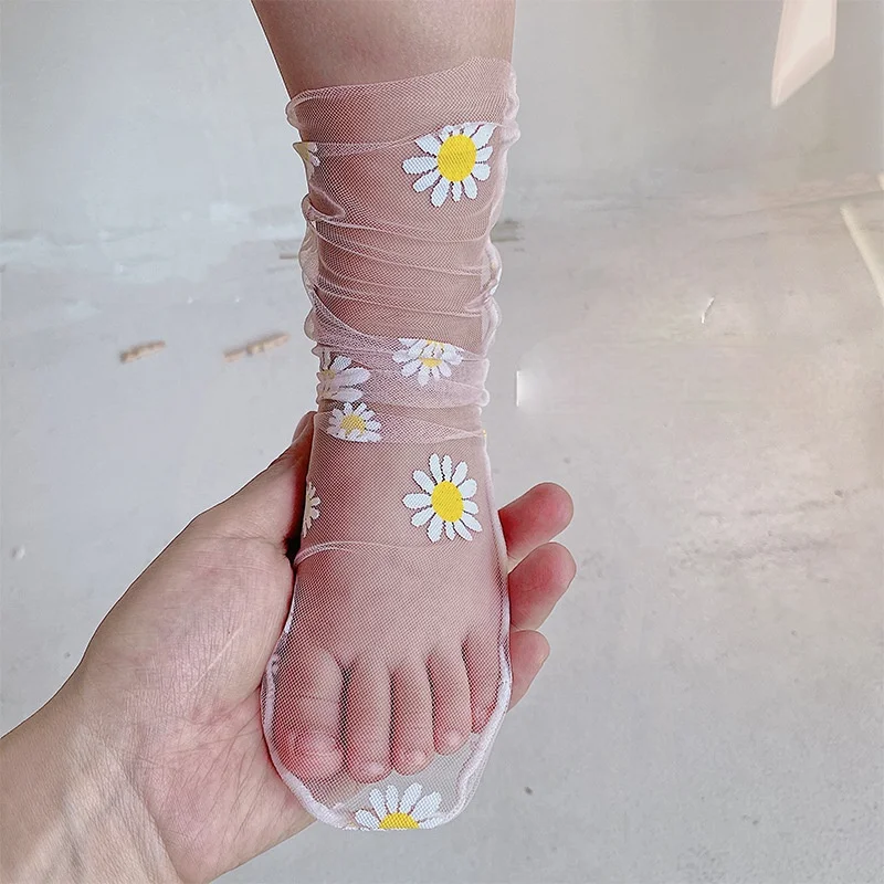 Calcetines de encaje transpirables para ni&ntilde;as, de 0 a 3 a&ntilde;os, de margaritas, hasta la rodilla-1