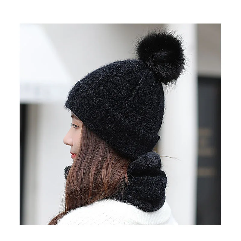 Hat Scarf Set Winter Women Plus Velvet Thick Warm Outdoor Sport Chenille Knit Hat And Scarf Korean Female Beanies Caps F24810AD