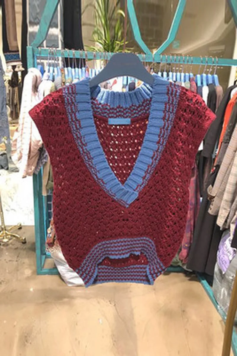 

Short V-neck Knitted Sweater Vest Woman Korea 2020 Autumn Wild Sweet Hollow Out Color Womens Vests