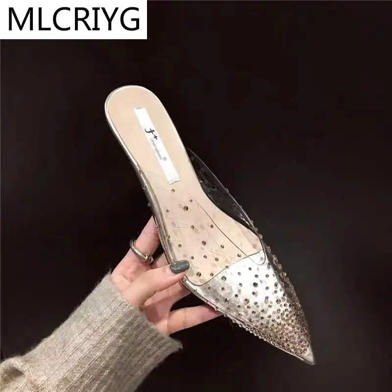 

New Style Women Shoes Elegant Temperament Women Single Shoes Fashion Pointed Toe Rhinestone Mid-heeled Jelly Women Single Shoes