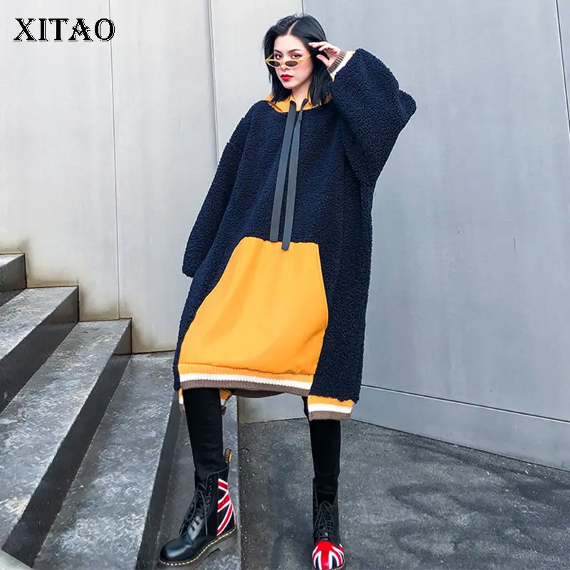 

Женские толстовки с капюшоном XITAO, вязаные, с длинным рукавом, в стиле пэчворк, на зиму, размера плюс, GCC2879, 2019