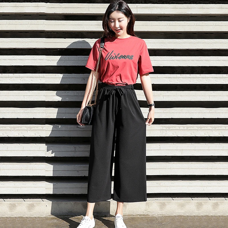 

2020 Summer Autumn Women Chiffon High Waist Wide Leg Pants Bow Tie Drawstring Sweet Elastic Waist Loose Ankle-Length Pants Mujer