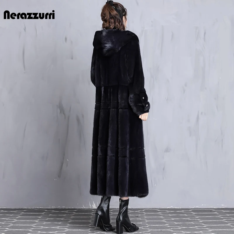 

Nerazzurri Winter Thick Warm Soft Long Full Pelt Natural Mink Fur Coat with Hood Elegant Luxury Skirted Real Mink Overcoat 2021